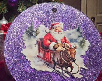 Handmade Christmas Ornament: Santa with his Reindeer, Lit Christmas Candle