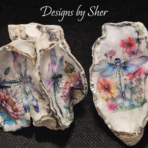 Dragonfly Oyster Shell Trinket Dish – Hand‑Painted Floral Design, Silver Edge, Coastal Home Décor