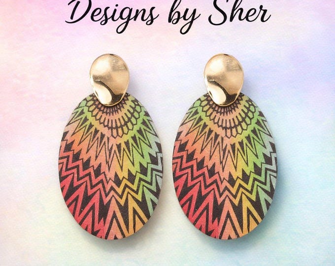 Rainbow Mandala Oval Earrings | Geometric Boho Statement Jewelry | Lightweight Handmade Drop Earrings