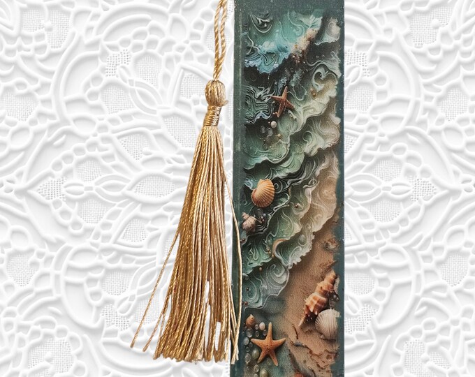 Handmade Ocean Wood Bookmark: Wooden Page Marker with Tassel, Sea, Seashells, Seashore, Shoreline