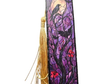 Handmade Wooden Bookmark with Tassle: Gothic Wood Bookmark - Bats, Crows
