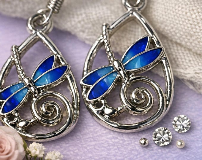 Sterling Silver Dragonfly Earrings | Handmade Teardrop Filigree with Blue Enamel Wings