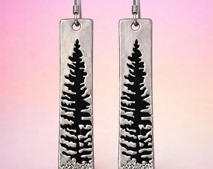 Engraved Tree Earrings | Rain Forest Rectangular Tree Dangle Earrings | West Coast Jewelry | Choose Silver or Gold Coastal Dangles