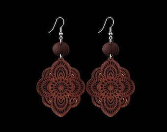 Handmade Floral Mandala Wooden Earrings – Handcrafted Boho Elegance Wood Lace Dangle Earrings