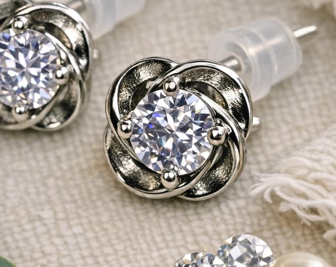 Diamond Floral Knot Earrings | Handmade Zircon 925 Silver Studs