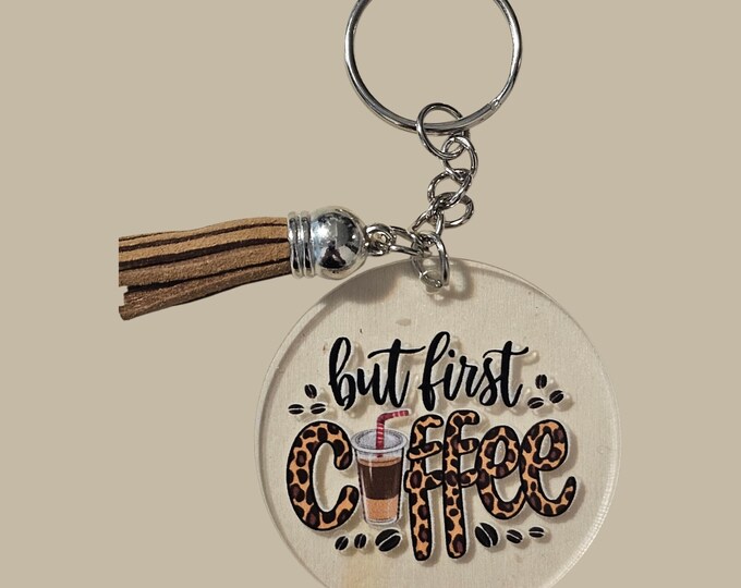 Handmade Coffee Keychain: One-Of-A-Kind Acrylic Keychain With Tan Leather Tassel