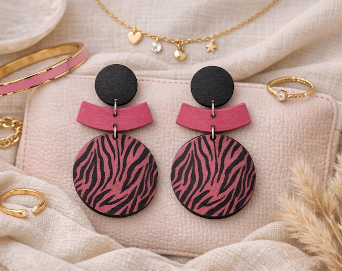 Zebra Print Wood Earrings – Handmade Black Pink Boho Statement Jewelry