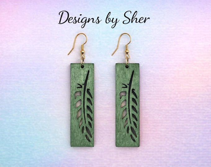Green Rectangle Wood Earrings | Handmade Wooden Cut Out Leaf Feather Boho Earrings