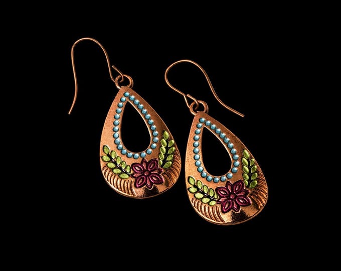 Copper Floral Teardrop Earrings | Handmade Turquoise Beads & Boho Botanical Design