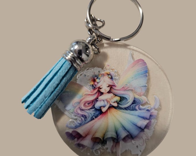 Handmade Rainbow Fairy Keychain: One-Of-A-Kind Acrylic With Blue Leather Tassel