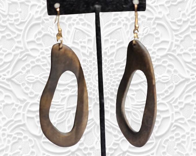 Handmade Dark Wood Dangle Earrings: 3.5 Inch Long Circular Wooden Drop Earrings