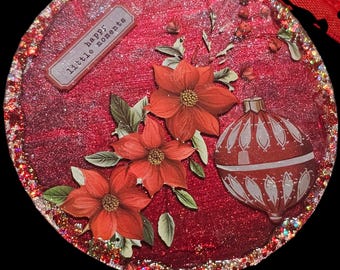 Handmade Christmas Ornament: Pointsettia, Classic Car Under Tree