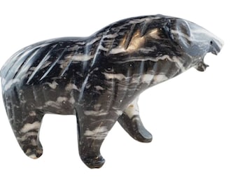 Bear Carving Inuit Carved Marble Bear Eskimo Carving Bear Black and White Angry or Growling Bear @Everything Vintage FREE SHIPPING