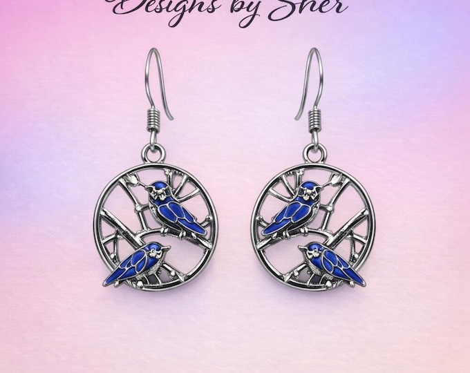 Silver Blue Bird Round Dangle Earrings | Coastal Beach Jewelry Gift