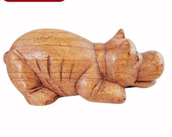 Vintage Carved Wood Hippo Figurine Wooden Hippopotamus Carving 2.25" T x 6" L x 2.5 W Very Good Condition! Fun Piece Animal Collectibles!