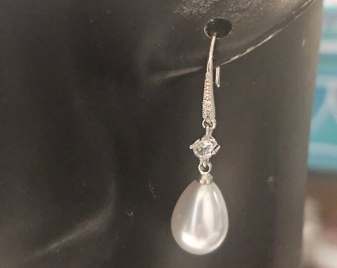 Pearl Teardrop Silver Earrings with Crystals | Handcrafted Wedding Jewelry
