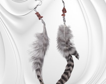 Sandstone and Feather Dangle Earrings: Upcycled Chicken Feather