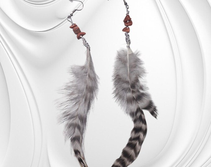 Sandstone and Feather Dangle Earrings: Upcycled Chicken Feather