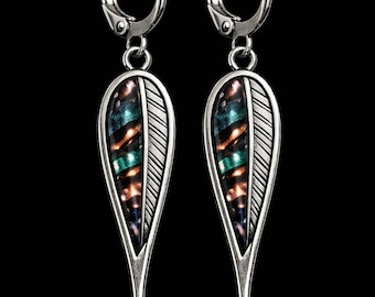Handmade Nature-Inspired Silver Feather Earrings with Iridescent Inlay – Designs by Sher