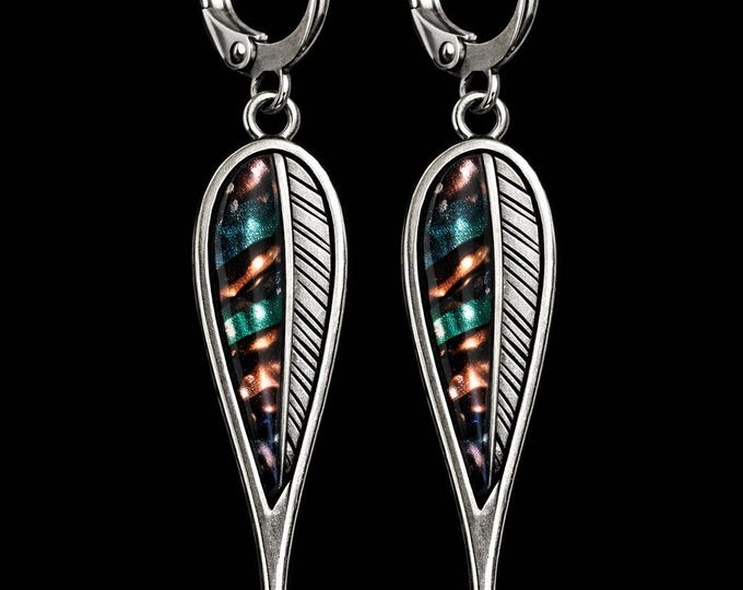Handmade Nature-Inspired Silver Feather Earrings with Iridescent Inlay – Designs by Sher