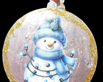 Handmade Christmas Ornament: Blue Snowman and Christmas Candle