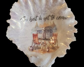 Camping Shell Home Decor Camper Trinket Dish "The Best is Yet to Come" Shell Art