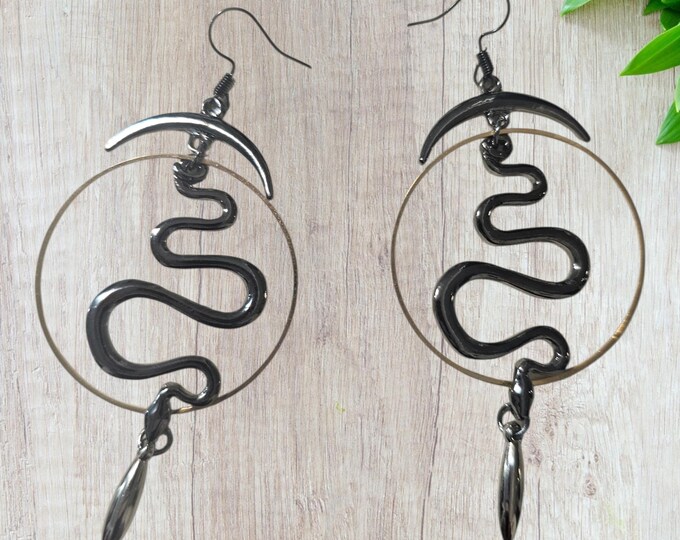 Handmade Gothic Chandelier Earrings: Gunmetal Snake and Moon