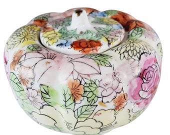 Vintage Chinese Famille Rose Mille Fleur Porcelain Pumpkin Jewelry Box @Everything Vintage FREE SHIPPING