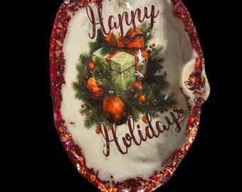 Shell Christmas Ornament Christmas Presents "Happy Holidays"