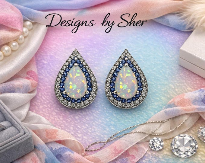 Opal Sapphire Teardrop Sterling Silver Stud Earrings | Affordable Coastal Bridal Jewelry