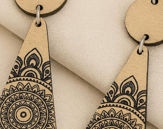Boho Mandala Wood Dangle Earrings | Handmade by Designs by Sher