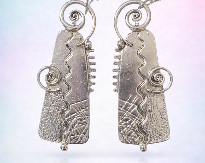 Silver Geometric Trapezoid Earrings – Hammered Crisscross Textured Dangles, Spiral Ear Wire | Designs by Sher®