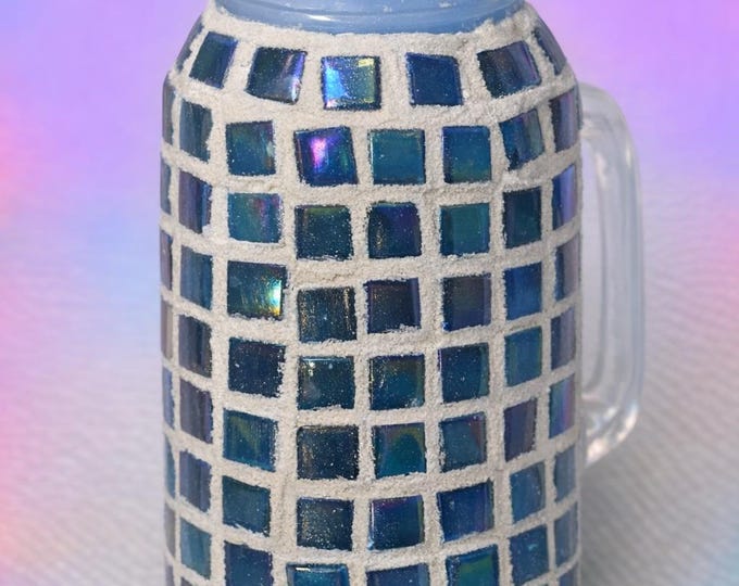 Handmade Iridescent Mosaic Candle | Blue Green Glass Tile Art Container (Large)