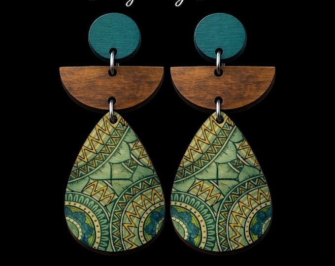 Teal Wood Mandala Dangle Earrings | Handcrafted Lightweight Boho Studs | Bohemian Artisan Jewelry