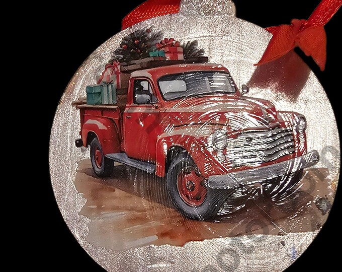 Handmade Red Pickup Acrylic Christmas Ornament: One-Of-A-Kind Holiday Decor, Children Tobogganing