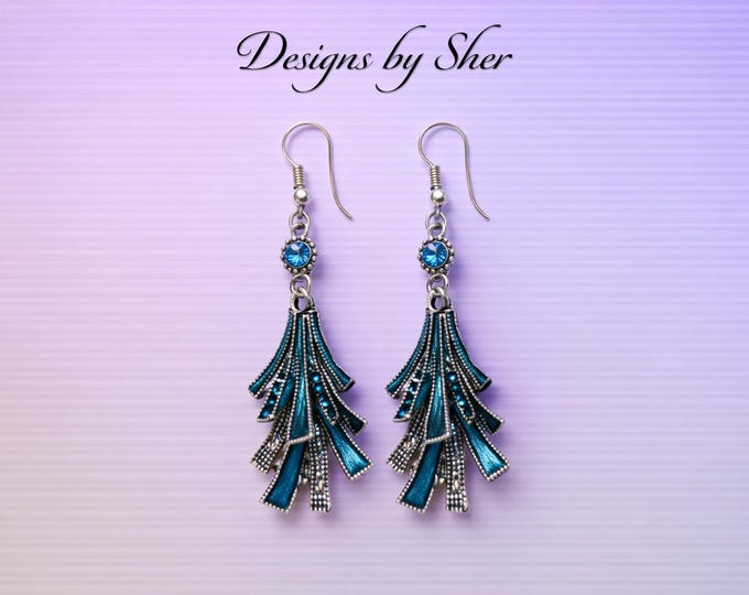 Blue Crystal Tassel Earrings | Handmade Teal & Silver Dangle Design, Statement Jewelry