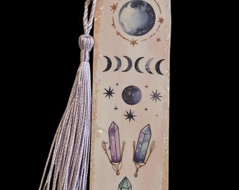 Lilac Handmade Wooden Bookmark with Tassle: Wood Bookmark, Crystals