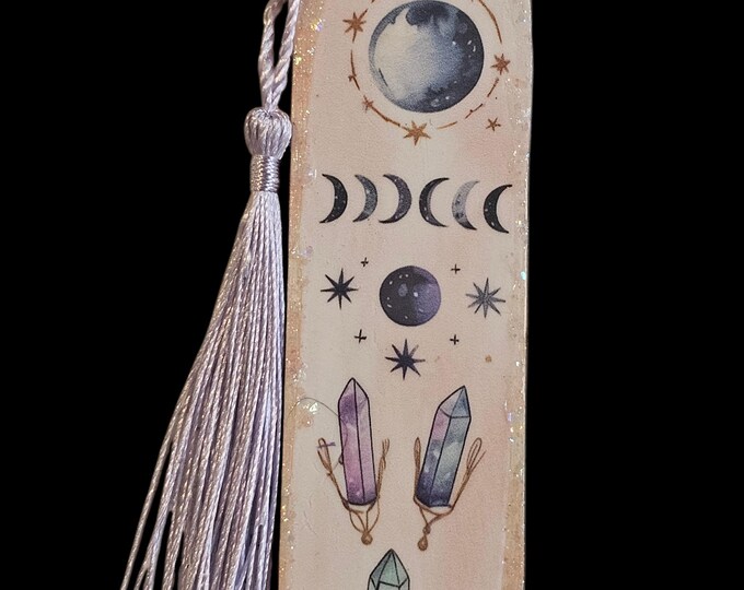 Handmade Metaphysical Wood Bookmark: Lilac Wooden Page Marker, Crystals, Moon