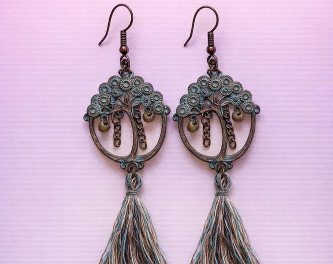 Antique Brass Floral Tassel Earrings – Handmade Boho Statement Jewelry