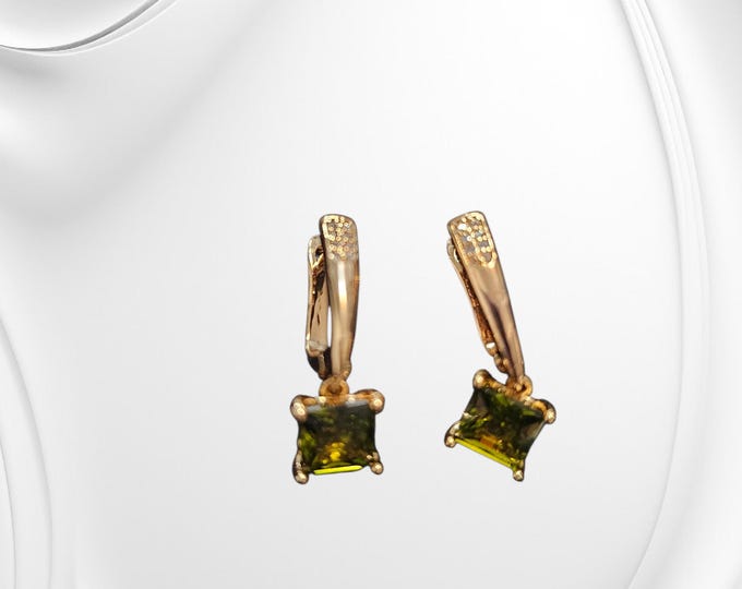 Square-Cut Green Peridot Gemstone Dangle Earrings | 18kt Gold Lever-Back Designs by Sher