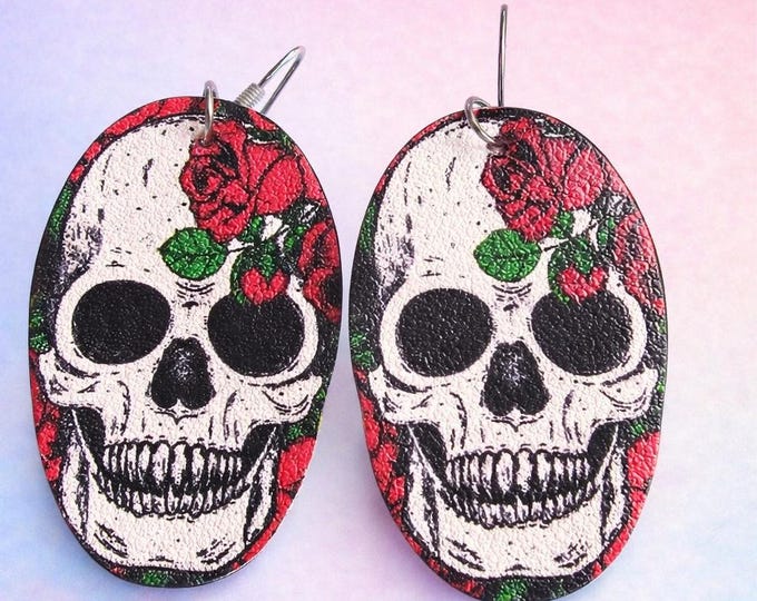 Goth Leather Skull and Roses Dangle Earrings | Gothic Statement Jewelry by Designs by Sher®