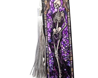Handmade Wooden Bookmark with Tassle: Gothic Wood Bookmark - Bats, Skeleton