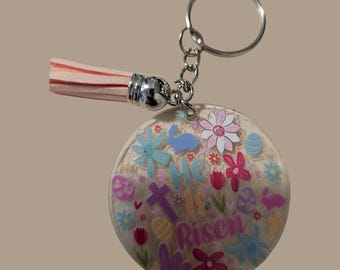 Spiritual Handmade  Acrylic Keychain With Pink Leather Tassle: Christian, Religious, He Has Risen