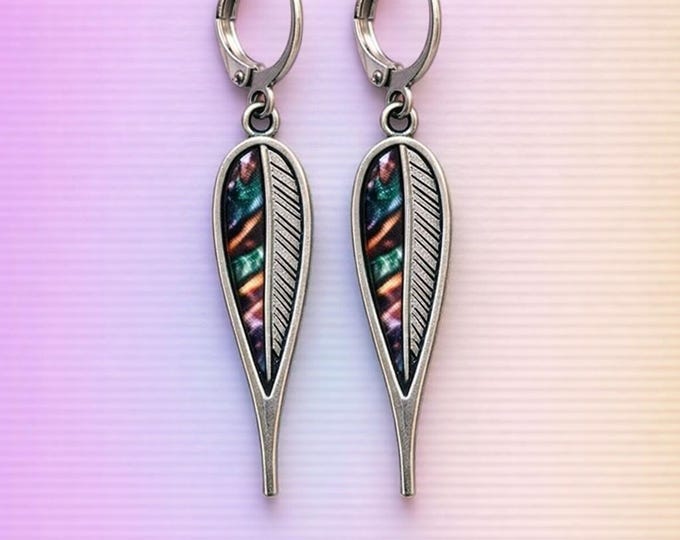 Nature-Inspired Silver Feather Earrings with Iridescent Inlay – Handcrafted by Designs by Sher