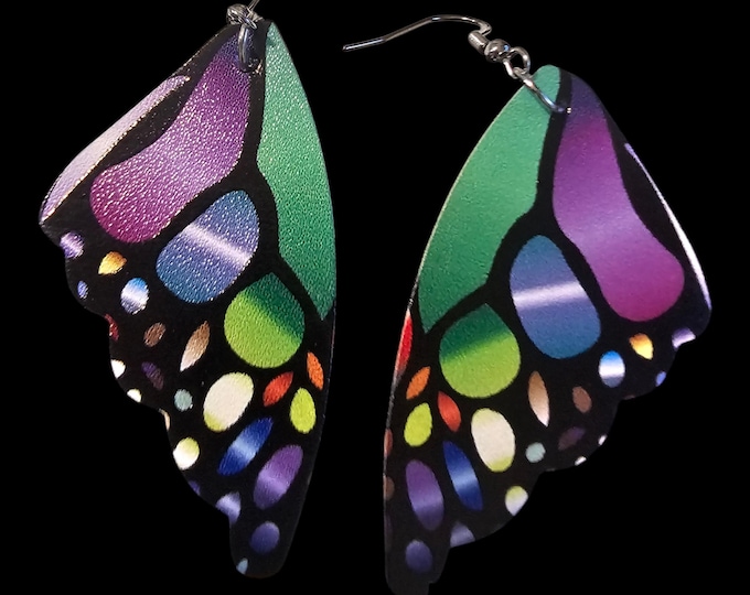 Handmade Leather Butterfly Earrings: Wings Closed Green Purple