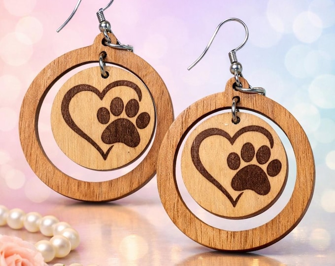 Wooden Heart Paw Earrings – Handmade Pet Lover Jewelry, Eco-Friendly Design