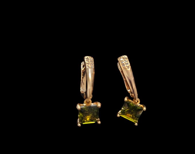 Prismatic Square-Cut Green Peridot Gemstone Dangle Earrings | 18kt Gold Lever-Back Designs by Sher