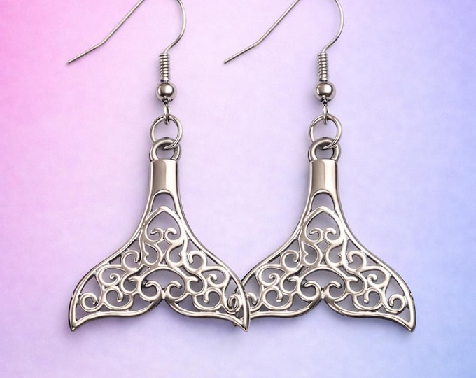 Silver Whale‑Tail Filigree Drop Earrings – Ocean Inspired Jewelry by Designs by Sher®