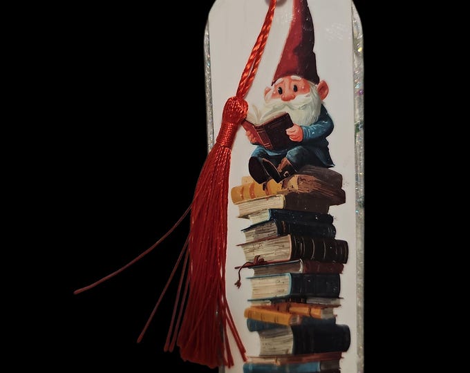 Elf Bookmark: Handmade Acrylic Bookmark with Tassle, Oversized, Elves, Stack of Books, One-Of-A-Kind