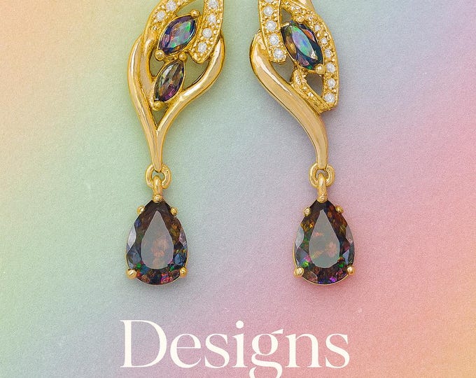 Mystic Topaz Teardrop Gemstone Earrings | 18 kt Gold Plate Leaf Dangle Designs